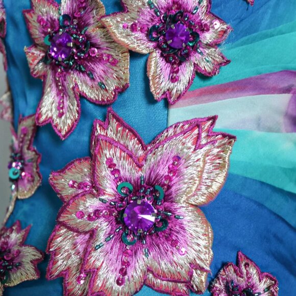 Vtg Asymmetric Floral Print Embroidered Appliqué Gradient Silk Gown Dress - Picture 4 of 5